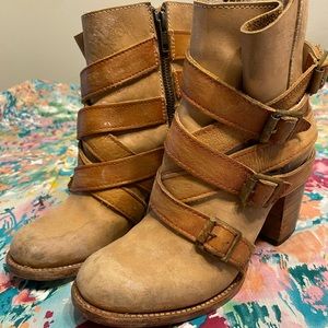 FREEBIRD Hustl Tan Buckle Strap Leather Booties 7 Hustle Ankle Boots